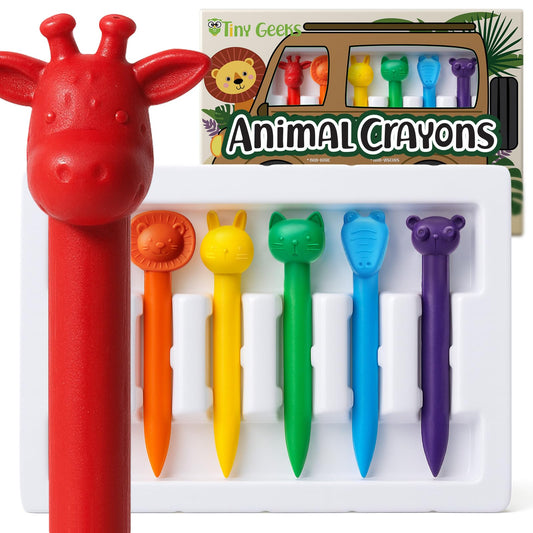 TinyGeeks 6 Animal Shaped Crayons with kid-friendly grip and bright colors.