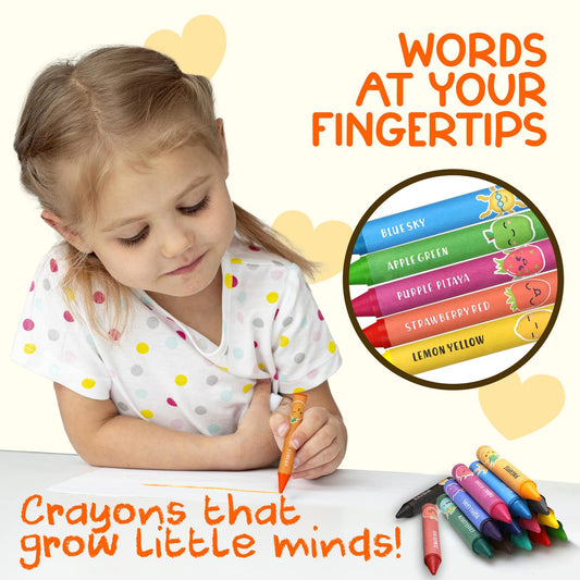 TinyGeeks Jumbo Crayons with color labels support word learning during coloring.