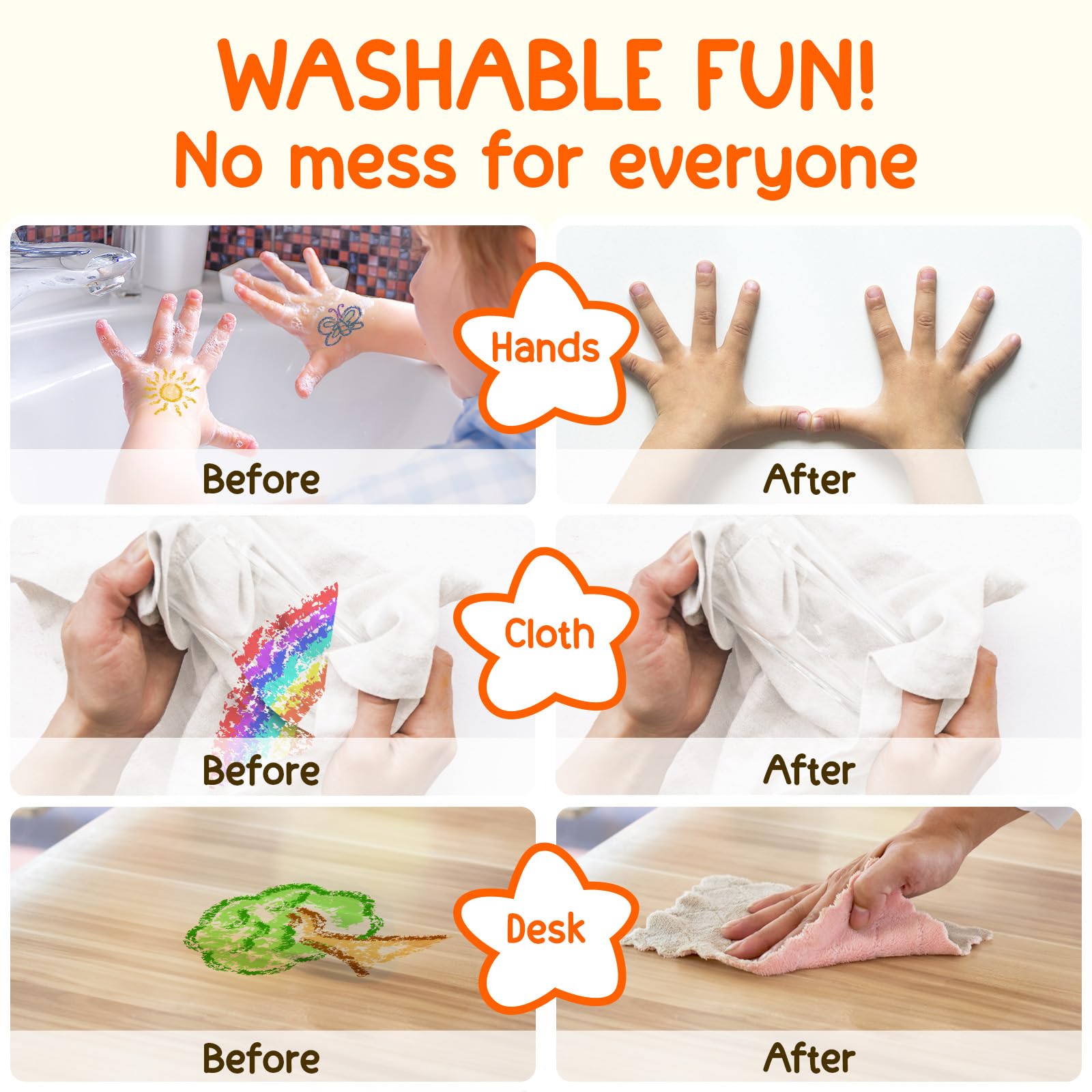 TinyGeeks washable crayons wash off skin and fabrics easily