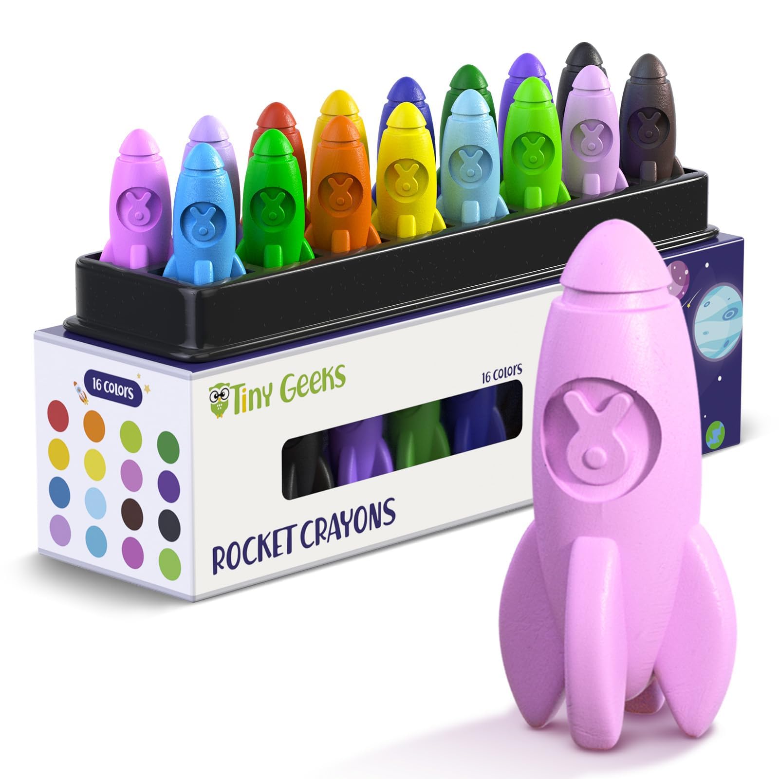 TinyGeeks rocket crayons package with 16 vibrant colors for creative play.