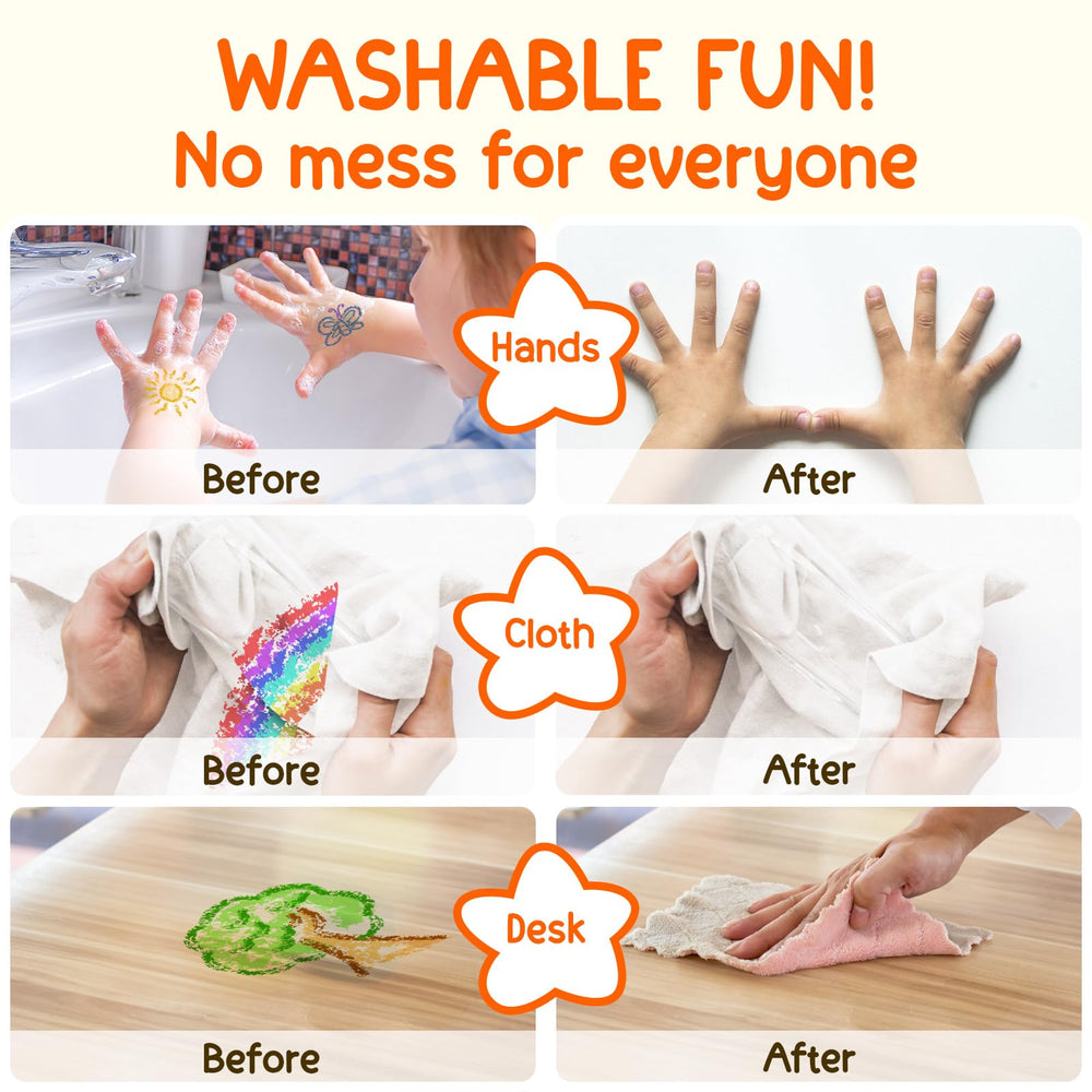 TinyGeeks washable crayons rinse clean from skin, fabrics, and walls.