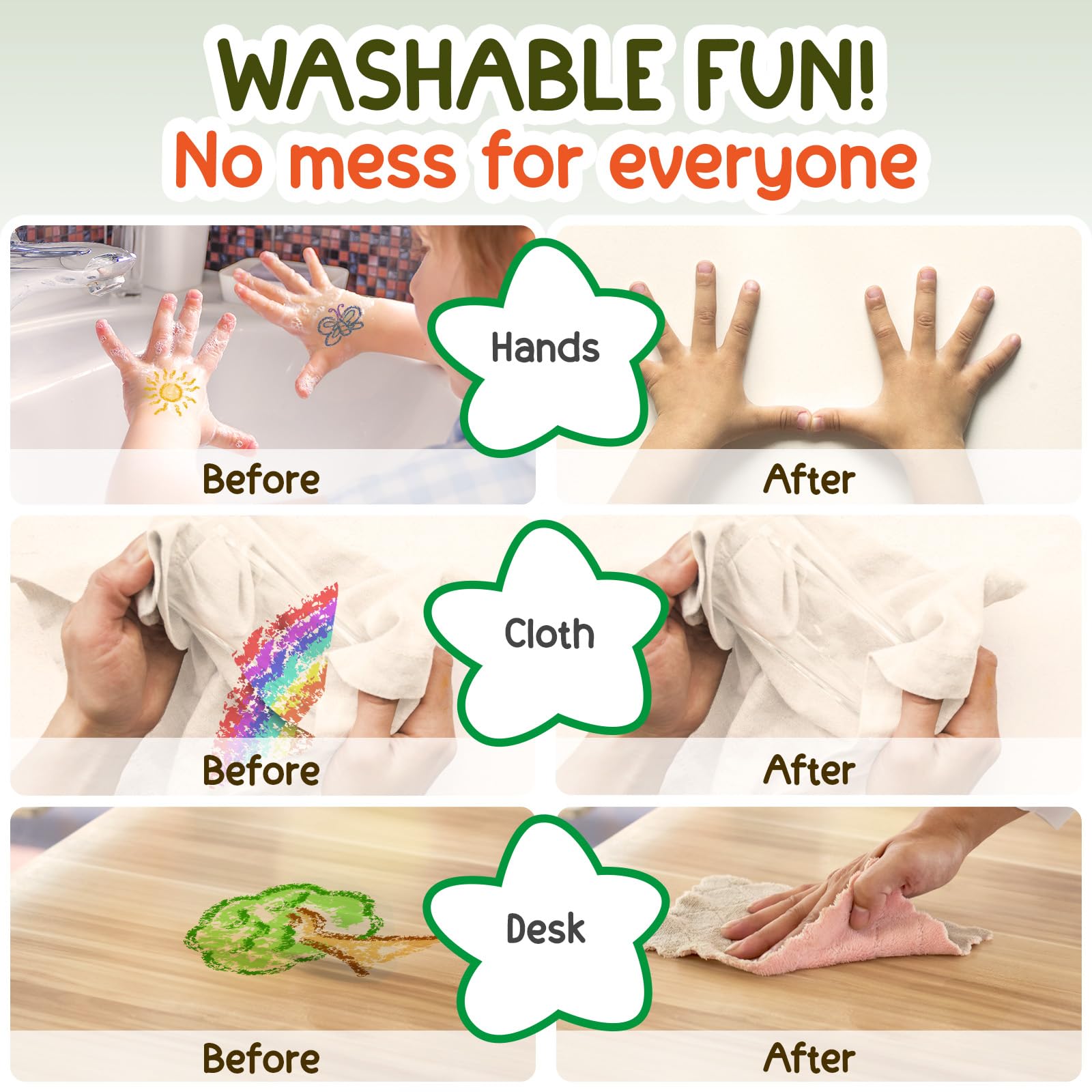 TinyGeeks Washable crayons clean skin, clothes, and walls easily.
