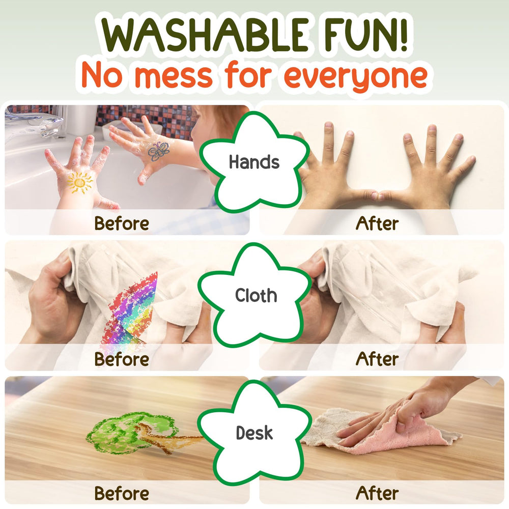TinyGeeks Washable crayons clean skin, clothes, and walls easily.