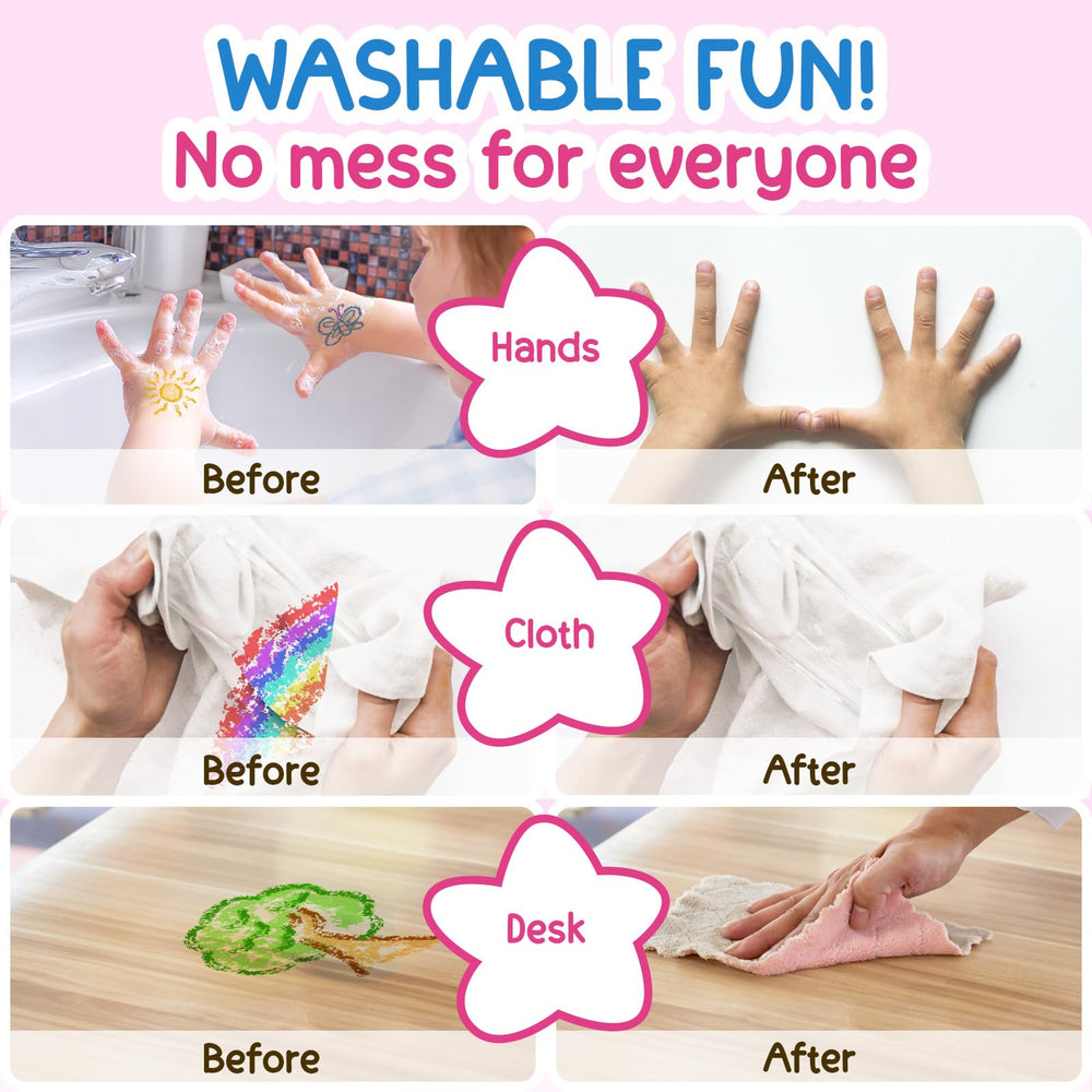 TinyGeeks washable toddler crayons demonstrate easy removal from skin and fabrics.