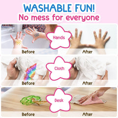 TinyGeeks washable toddler crayons demonstrate easy removal from skin and fabrics.