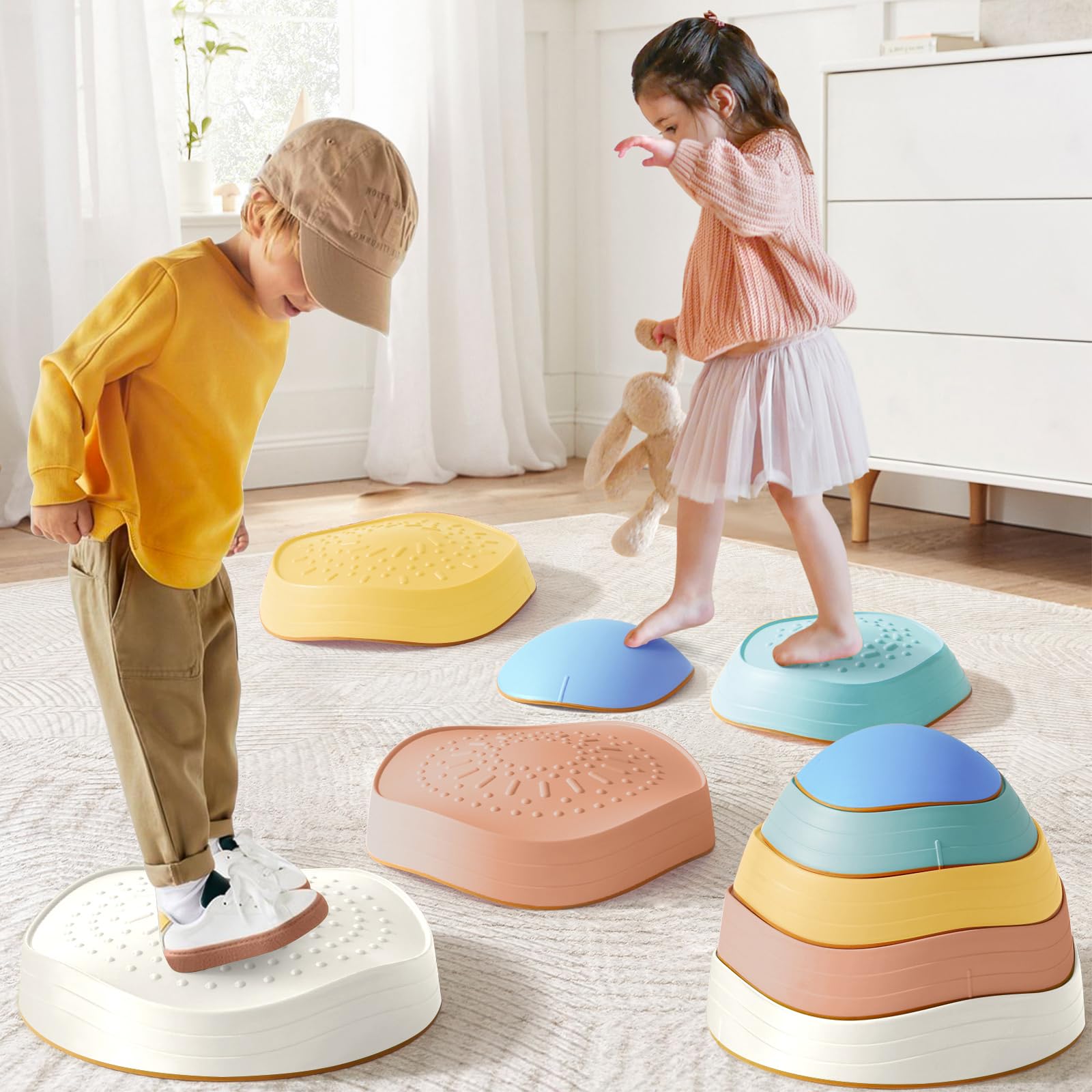 Tiny Land stepping stones in bright colors for imaginative balance practice.