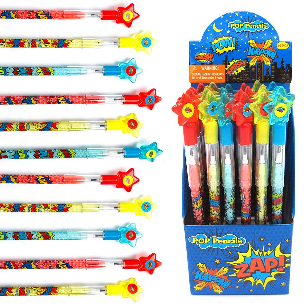 TINYMILLS 24-pc superhero text pencils with stackable design for party favors.