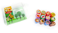 Tinymills child stamping party favors—colorful woodland designs for celebrations