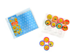 TINYMILLS clear reusable box housing the 12 pre-inked emoji stamps.