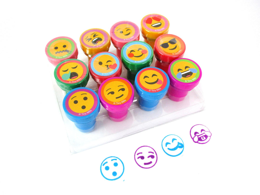 TINYMILLS emoji stamp kit 12-piece box display for party favors and crafts.
