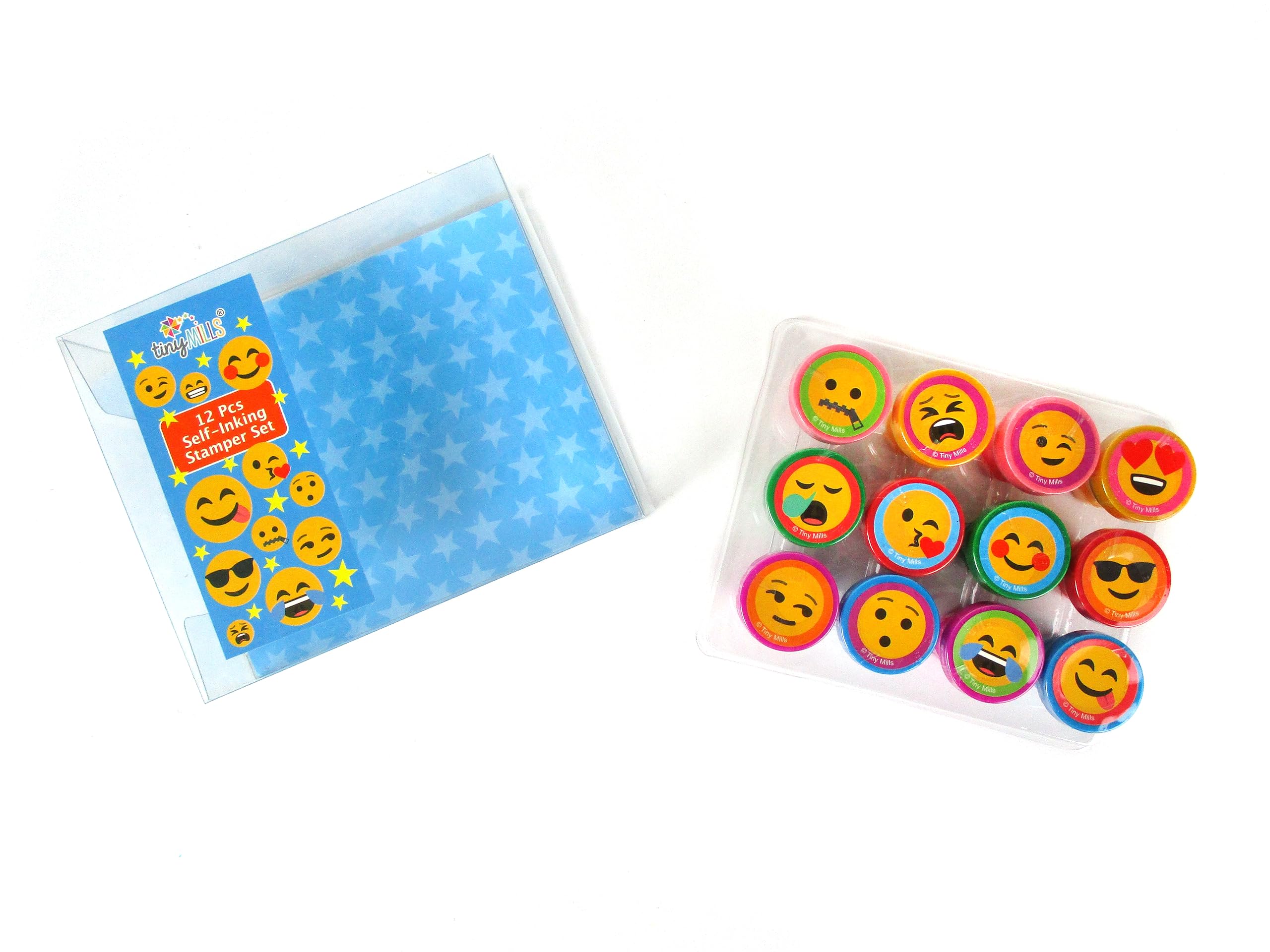 TINYMILLS emoji stamps used for invitations, scrapbooks, and creative stationery.