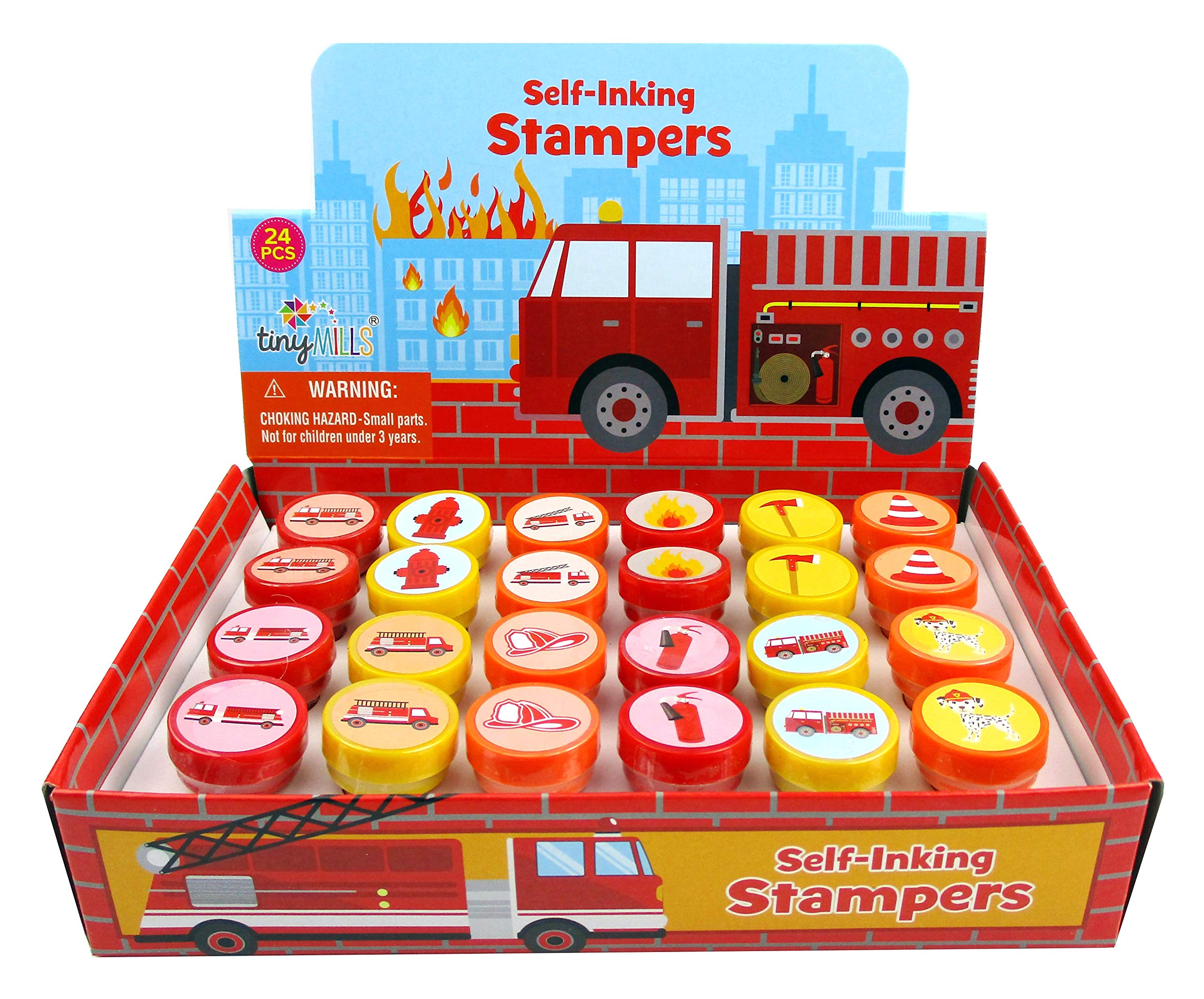 TINYMILLS firetrucks stampers pack for kids, ideal for invitations and crafts.