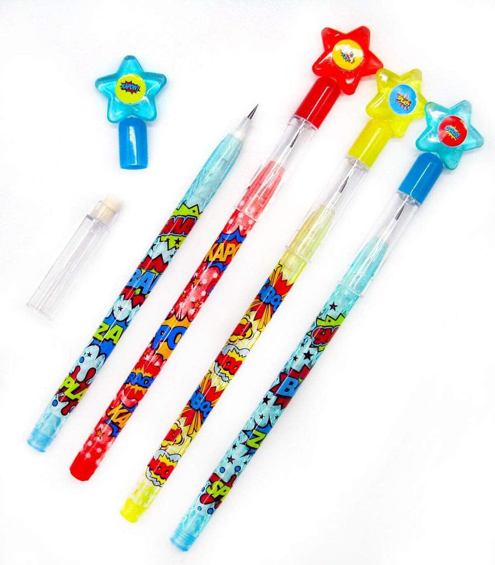 TINYMILLS pencil featuring eraser-top cap in superhero theme, ideal for rewards.