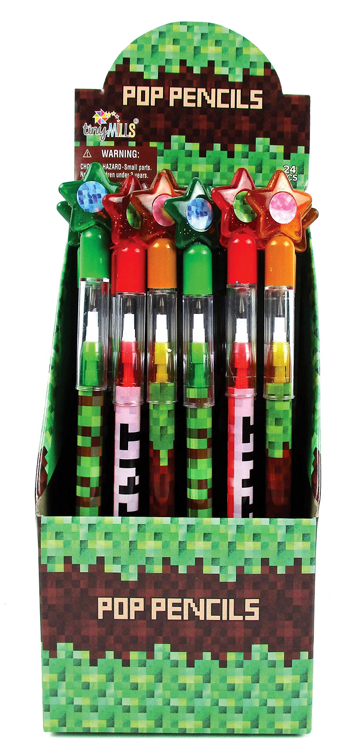 TINYMILLS Pixel Miner pencils show eraser-under-cap detail for quick edits.