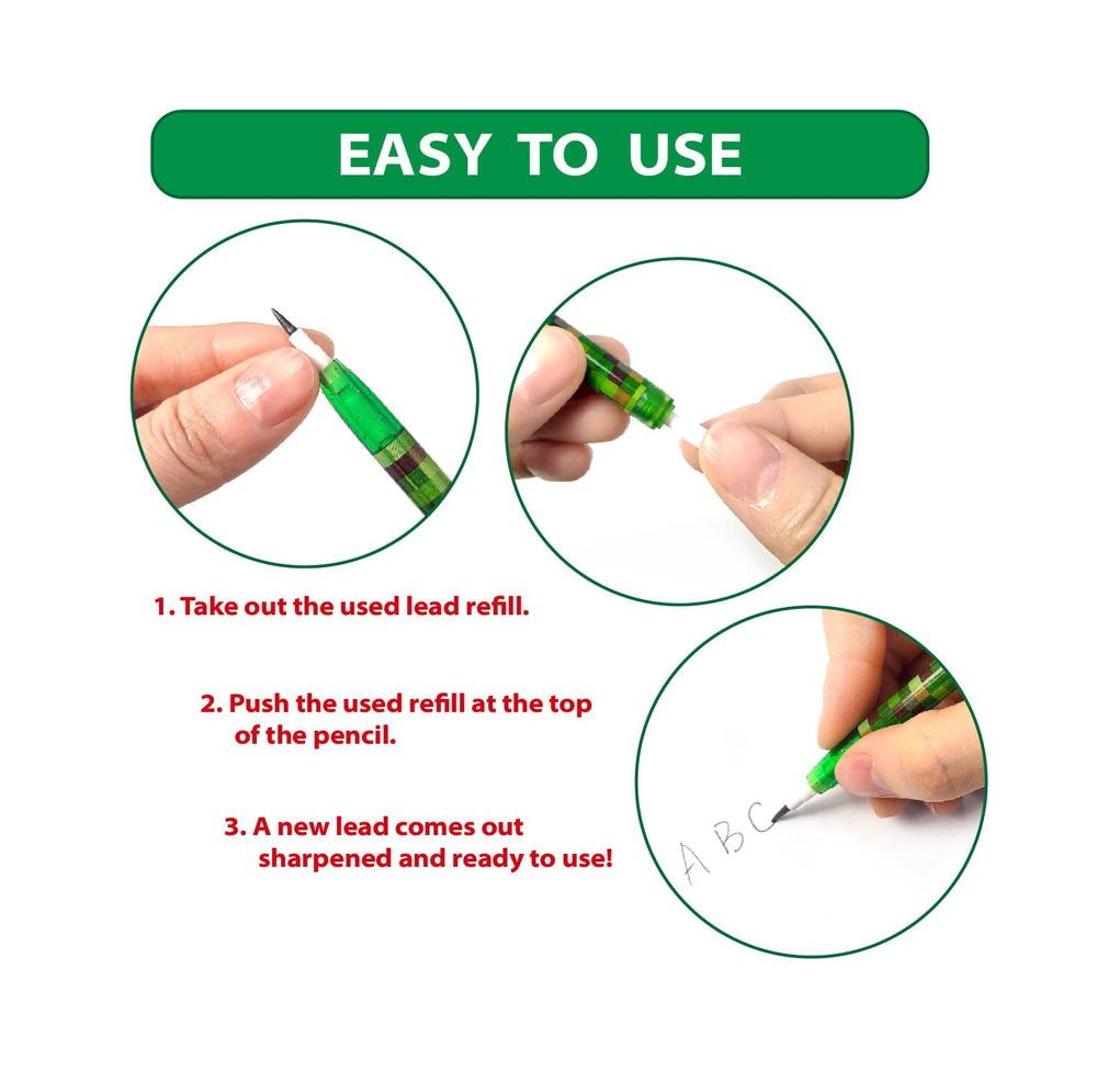 TINYMILLS Pixel Miner pencils include 11 pre-sharpened #2 leads for accuracy.