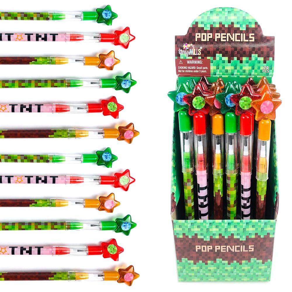 TINYMILLS Pixel Miner pencils with star topper offer ideal classroom rewards.