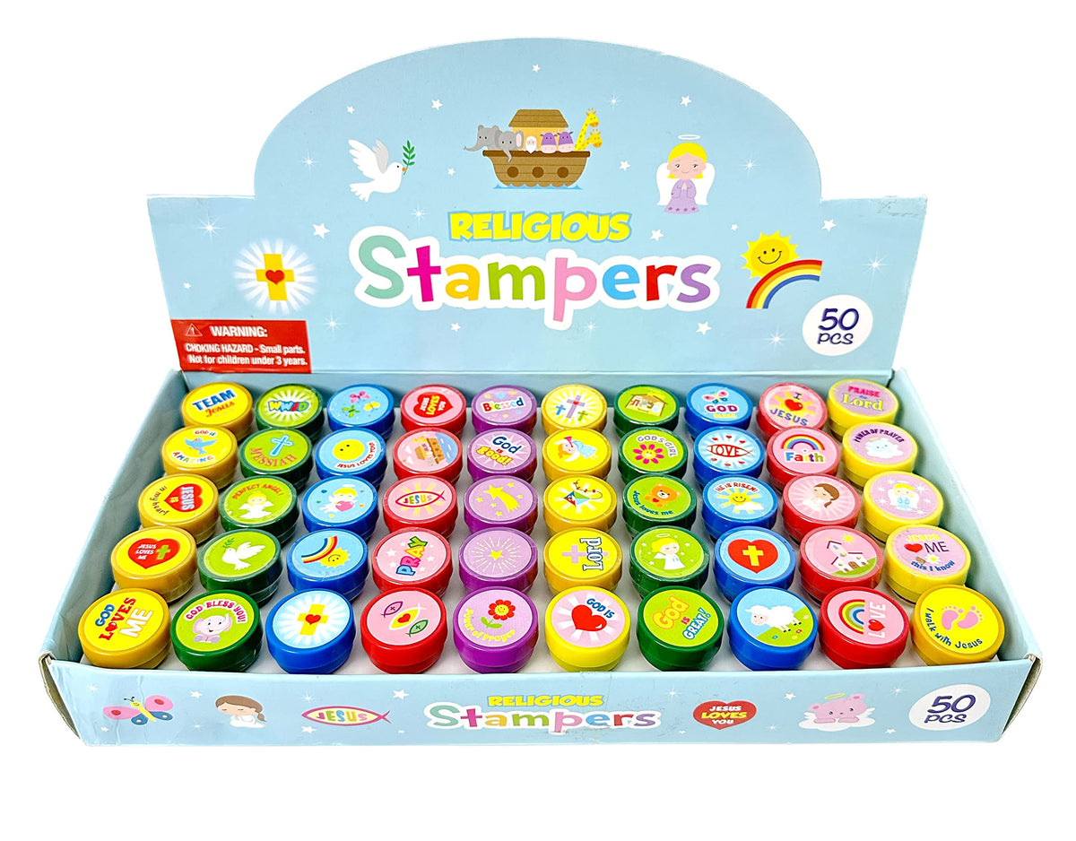TINYMILLS religious stampers in assorted designs for classroom rewards and faith-based crafts.
