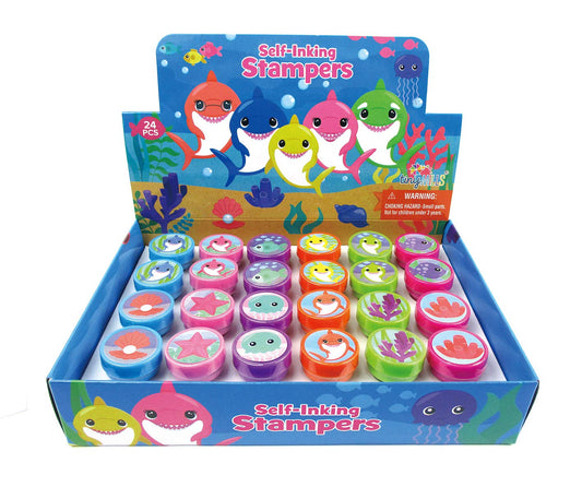 TinYMILLS Shark Family Stamper packshot; pre-inked, mess-free stamping for kids' crafts.