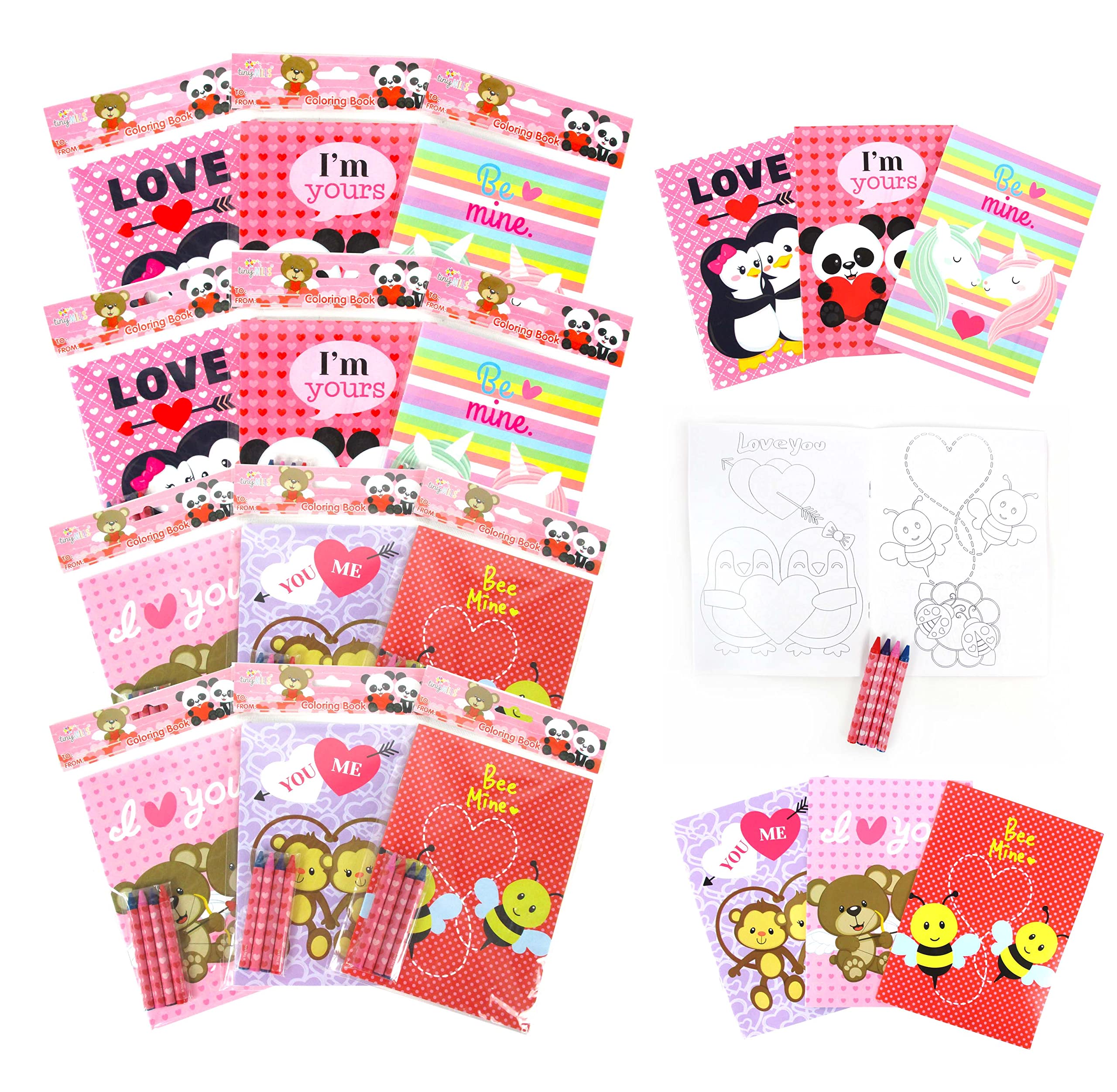 TINYMILLS Valentine coloring set with 12 books and 48 crayons for classroom activities