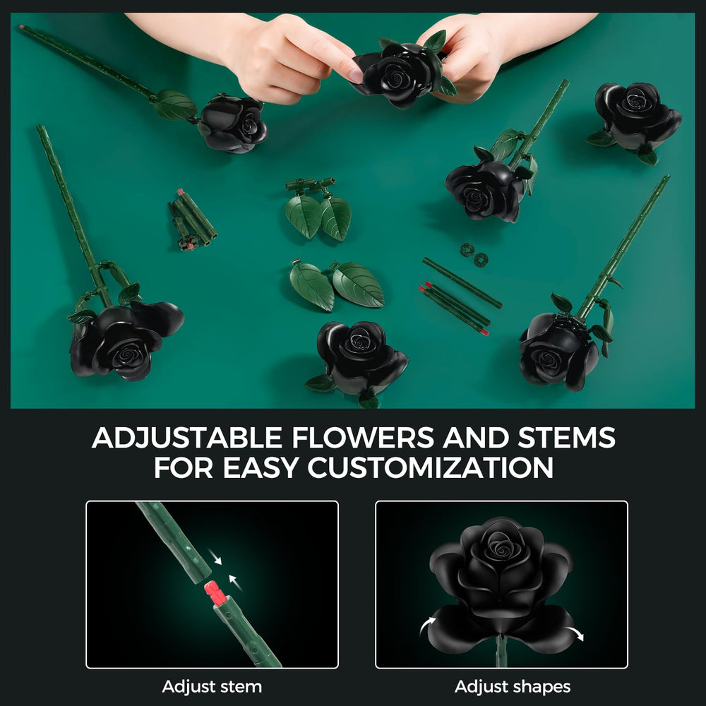 tinytrek Black Rose Bouquet durable ABS bricks for lasting wall art.