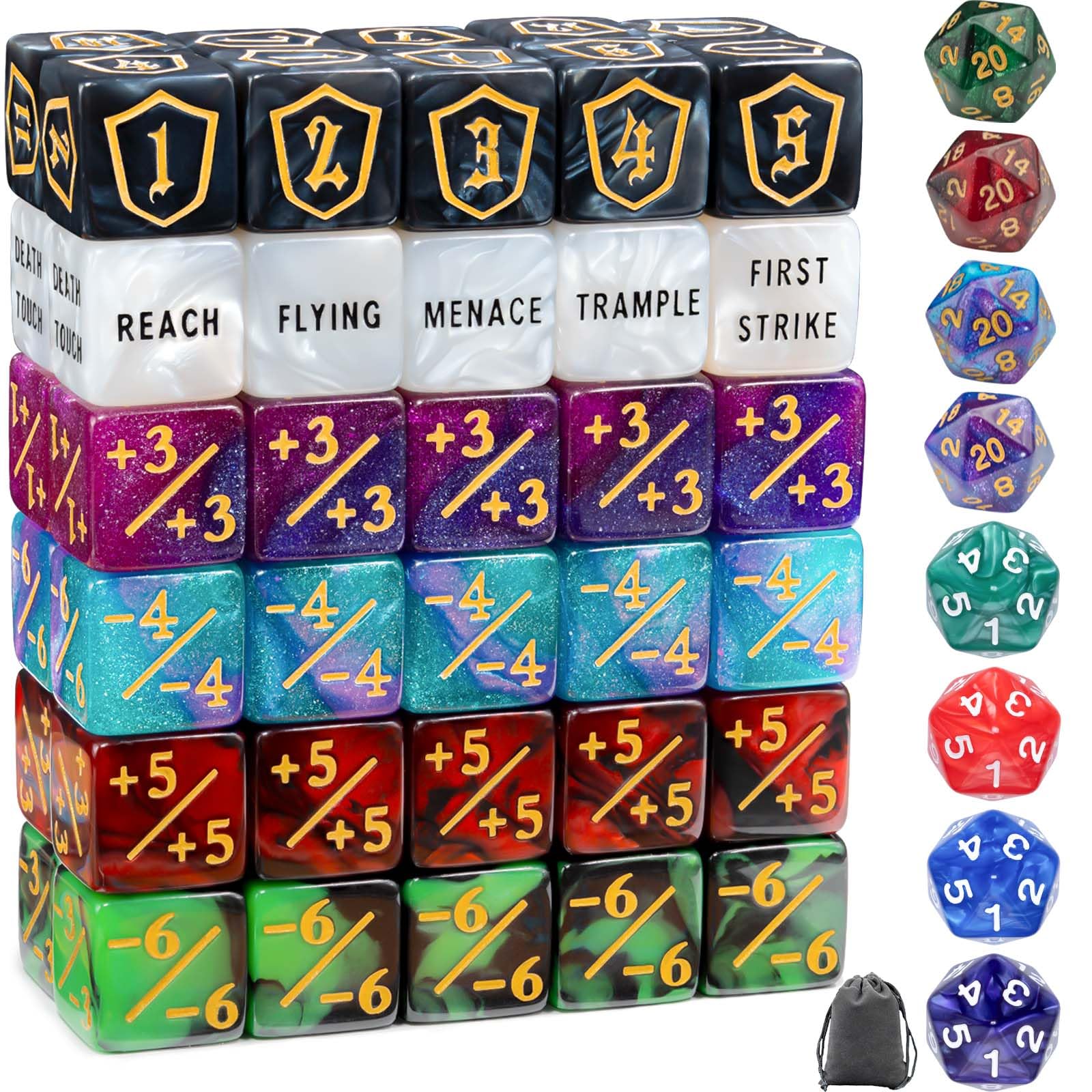 Tinzum 68-piece MTG dice set with packaging for easy storage during travel.