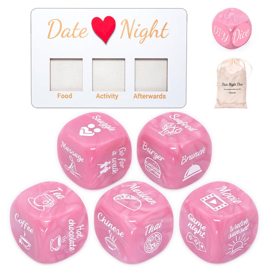 Tinzum Date Night Dice pearl pink set with dice and board, inspiring spontaneous date ideas.