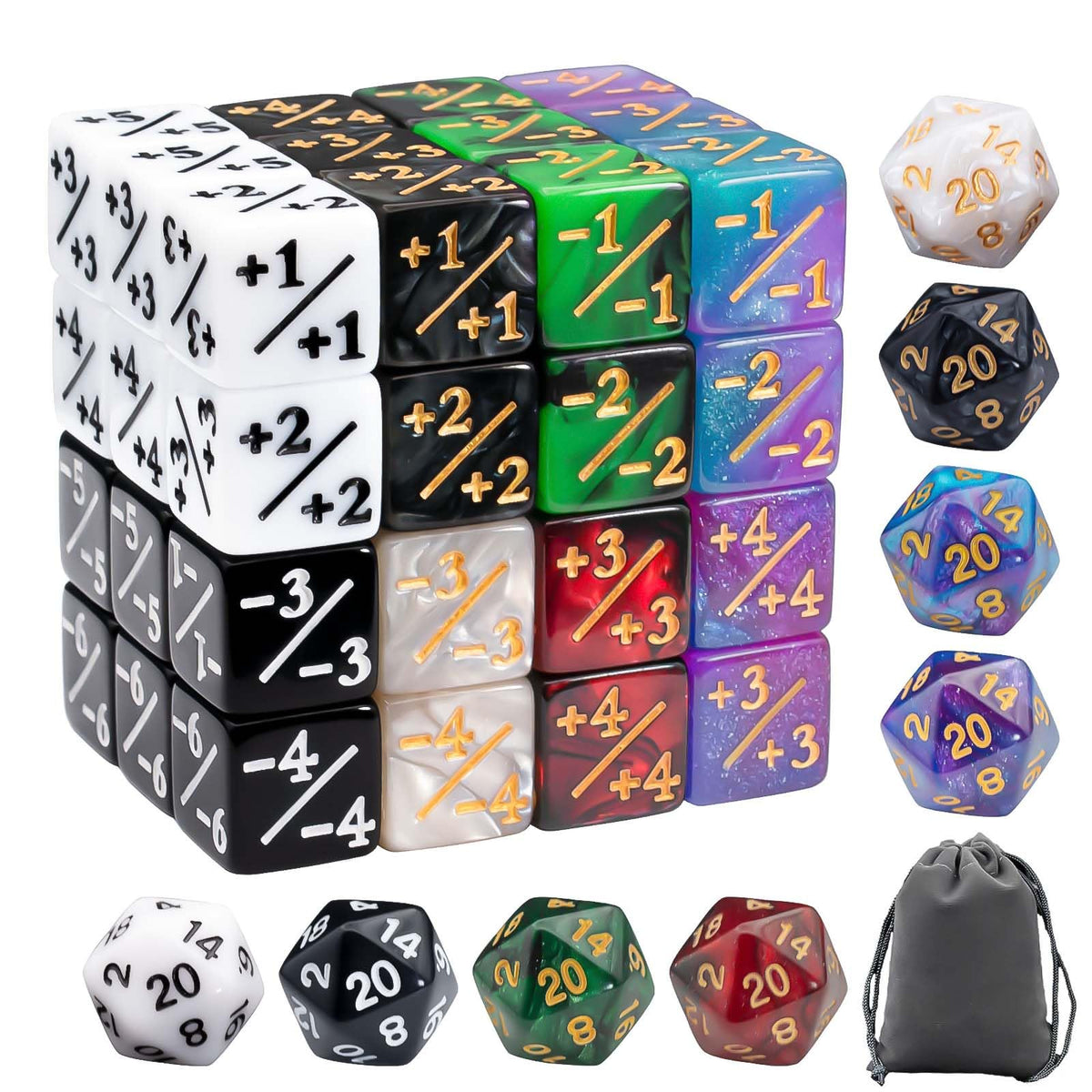 Tinzum 56-piece MTG dice set in a compact container for easy transport.