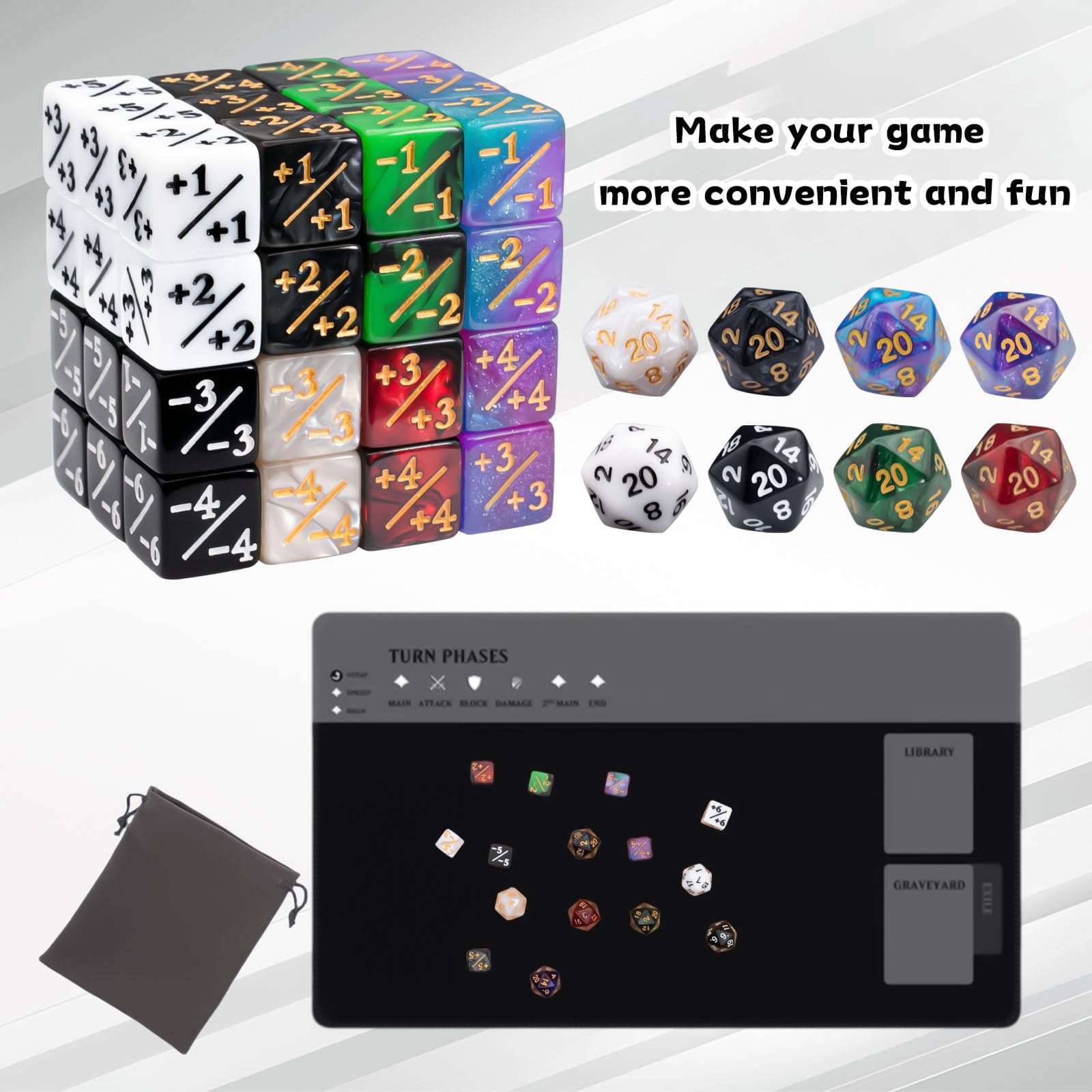 Tinzum dice sizes include 16mm counters and 20mm D20.