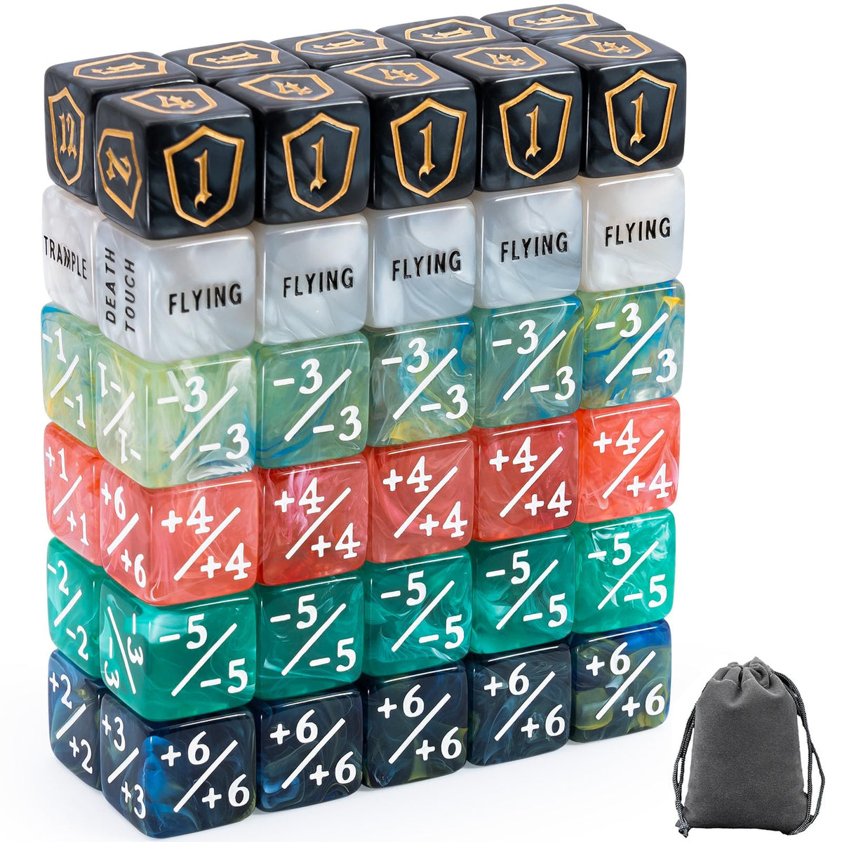 Tinzum MTG dice set in six colors with velvet pouch for easy transport.