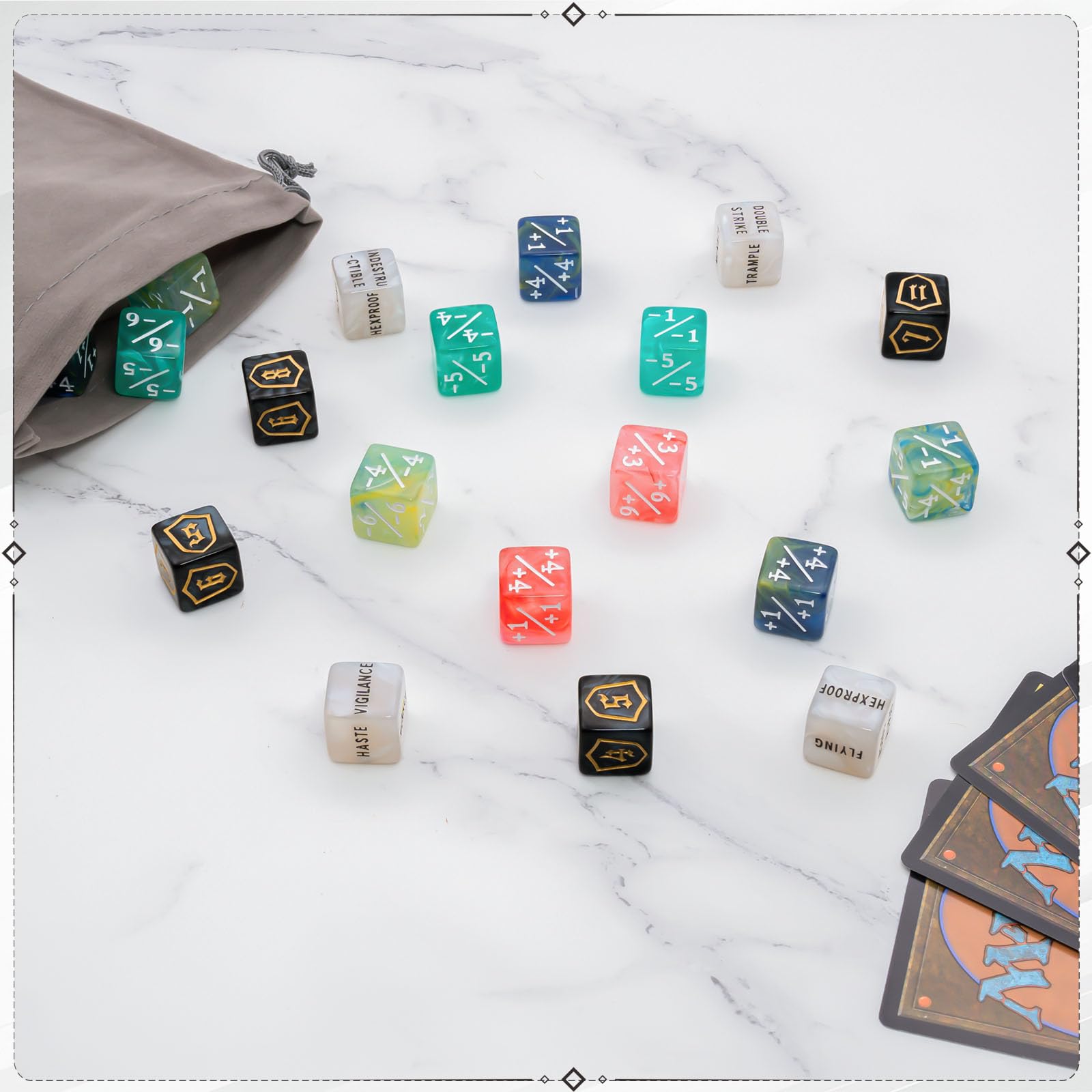 Tinzum MTG dice in six colors aid quick color-coded gameplay.
