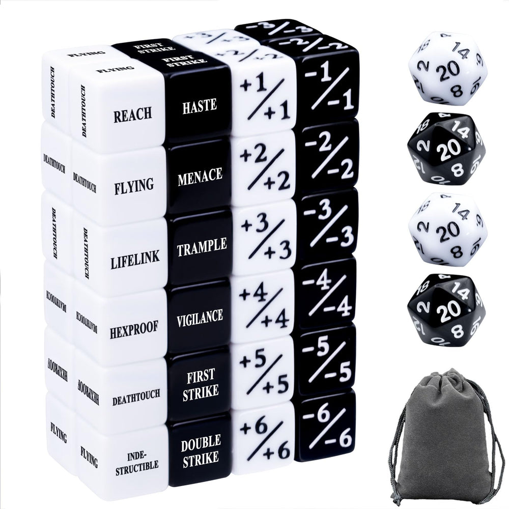 Tinzum MTG keywords dice set white and black front view with readable counters