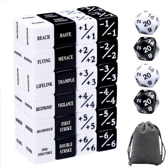 Tinzum MTG keywords dice set white and black front view with readable counters