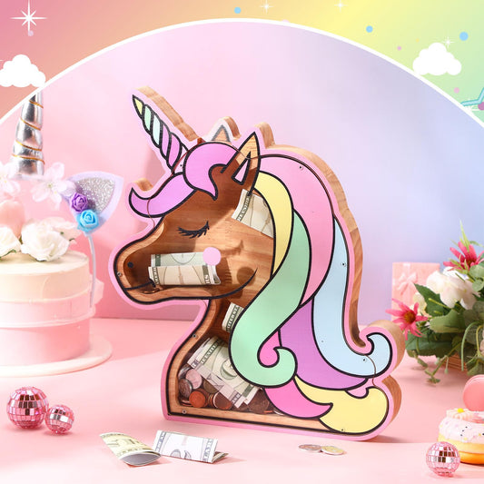 Tioncy 12.2-inch wooden unicorn piggy bank size ideal for saving coins and notes