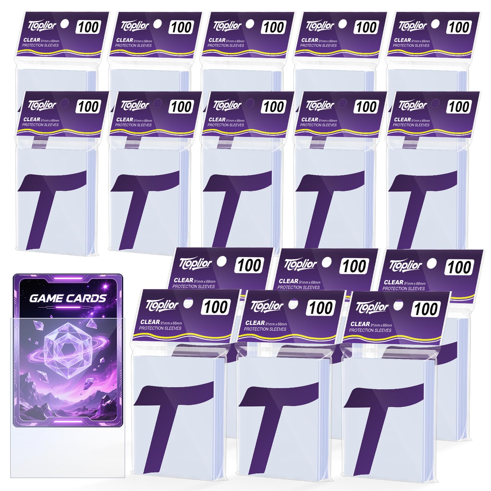 TiopLior 1600-count sleeves for 66x91mm cards protect a stack with clear visibility.