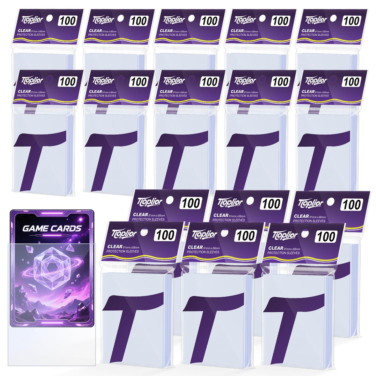 TiopLior 1600-count sleeves for 66x91mm cards protect a stack with clear visibility.