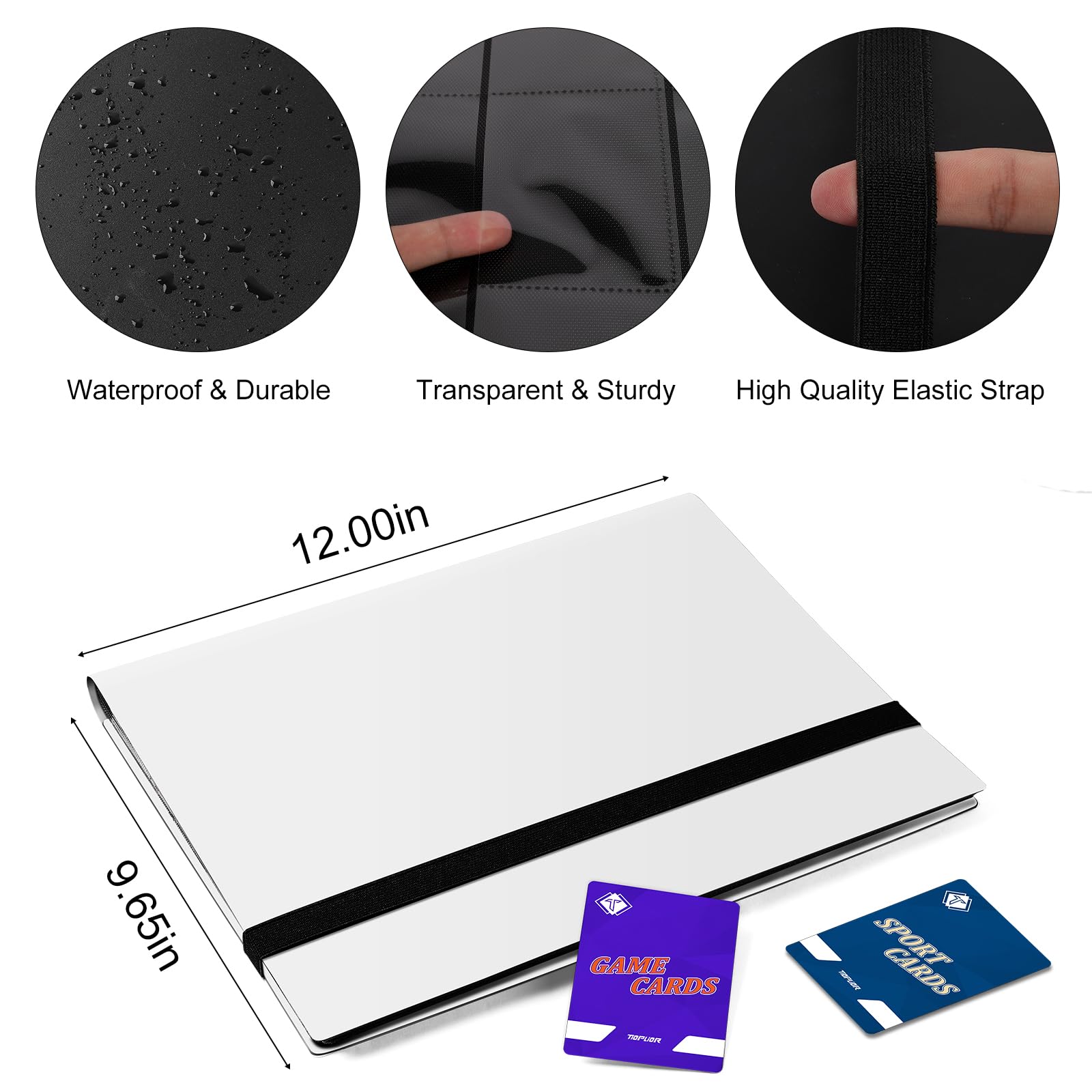TiopLior binder elastic strap secures cards during transport.