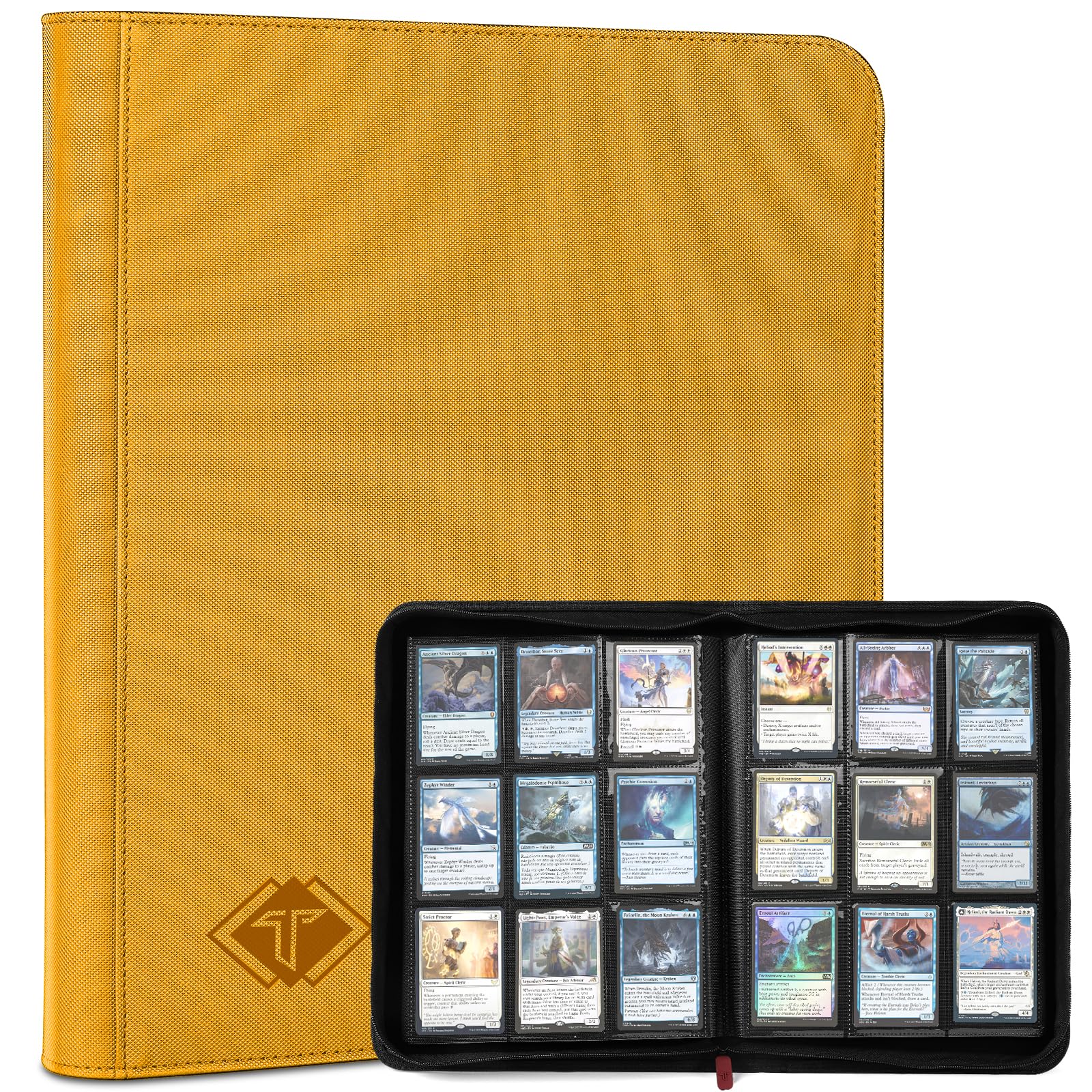 TiopLior trading card binder yellow cover showcases 9-pocket layout for MTG and sports cards.