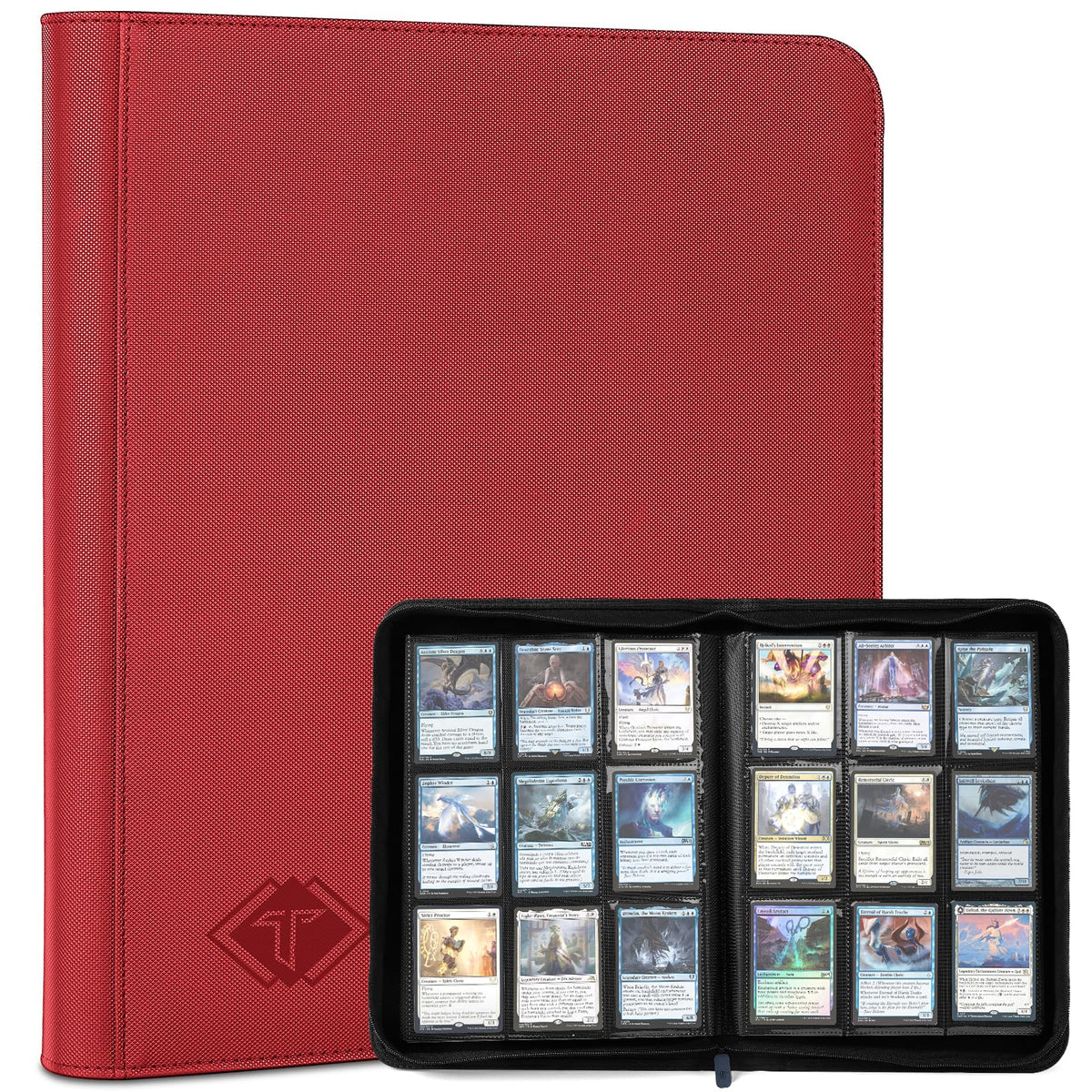 TiopLior trading card binder red cover showing organized MTG and sports cards