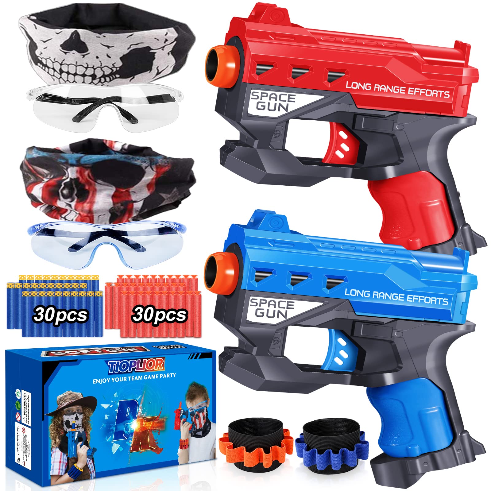 TiopLior two-pack blaster guns for kids in red and blue, ideal for active play.