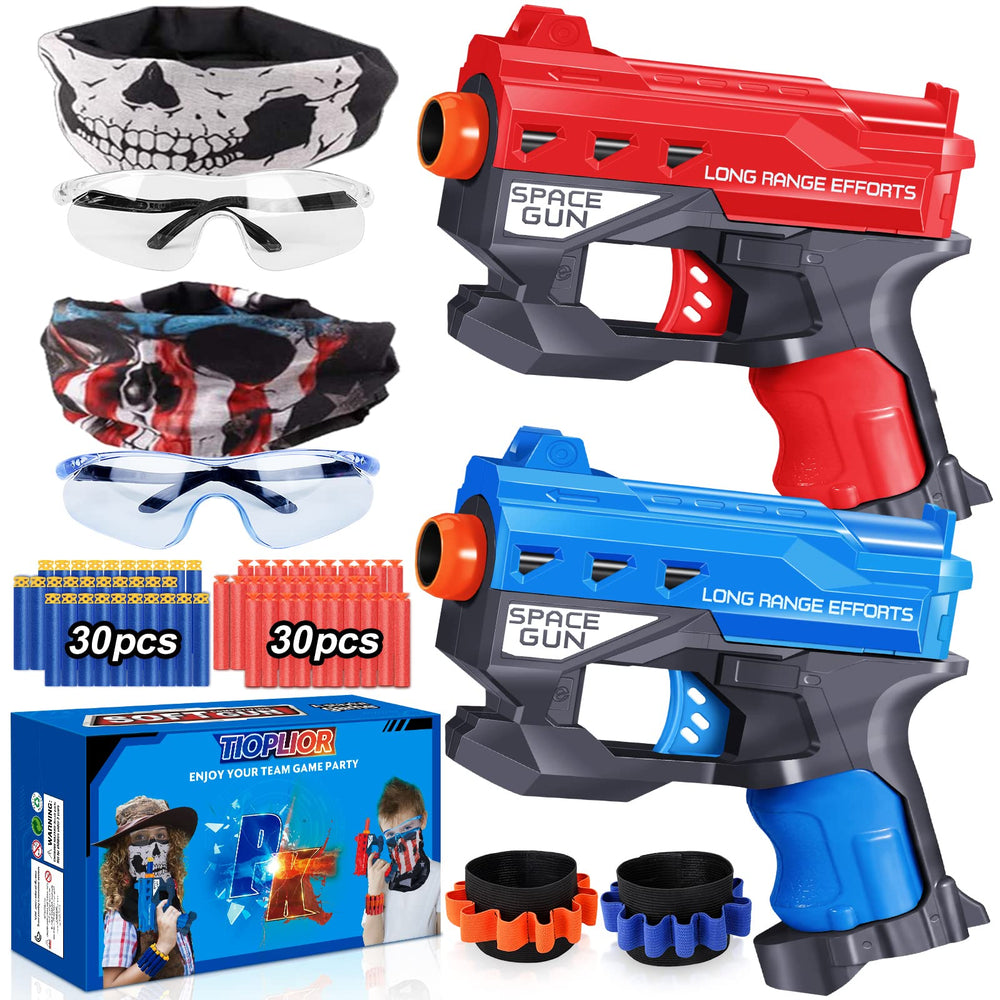 TiopLior two-pack blaster guns for kids in red and blue, ideal for active play.
