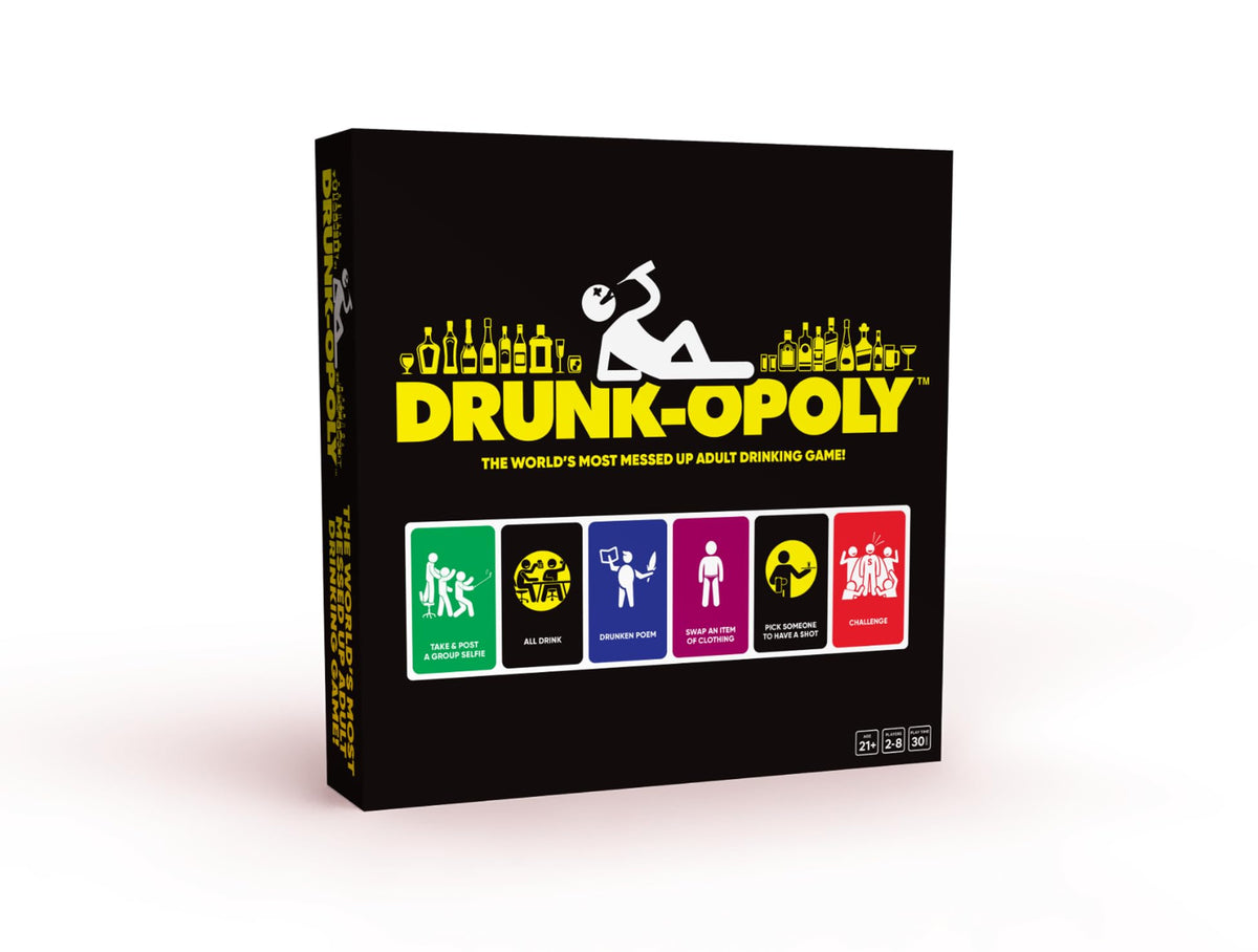 Tipsy Land Drunk-Opoly board with splash-resistant surface for messy party play.