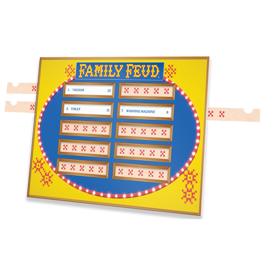 Tipsy Land Family Feud Retro Edition scorecard and feet stabilize the setup