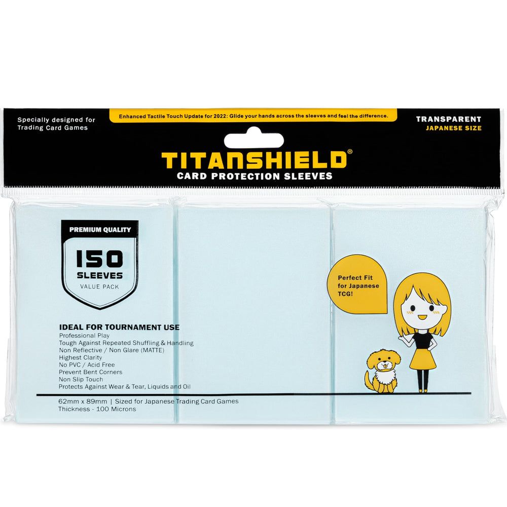 TitanShield 150 Sleeve Clear front view protecting Yu-Gi-Oh and Vanguard cards during play