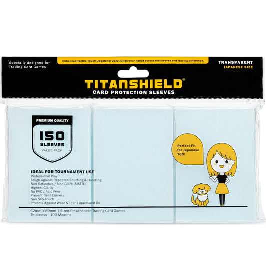 TitanShield 150 Sleeve Clear front view protecting Yu-Gi-Oh and Vanguard cards during play