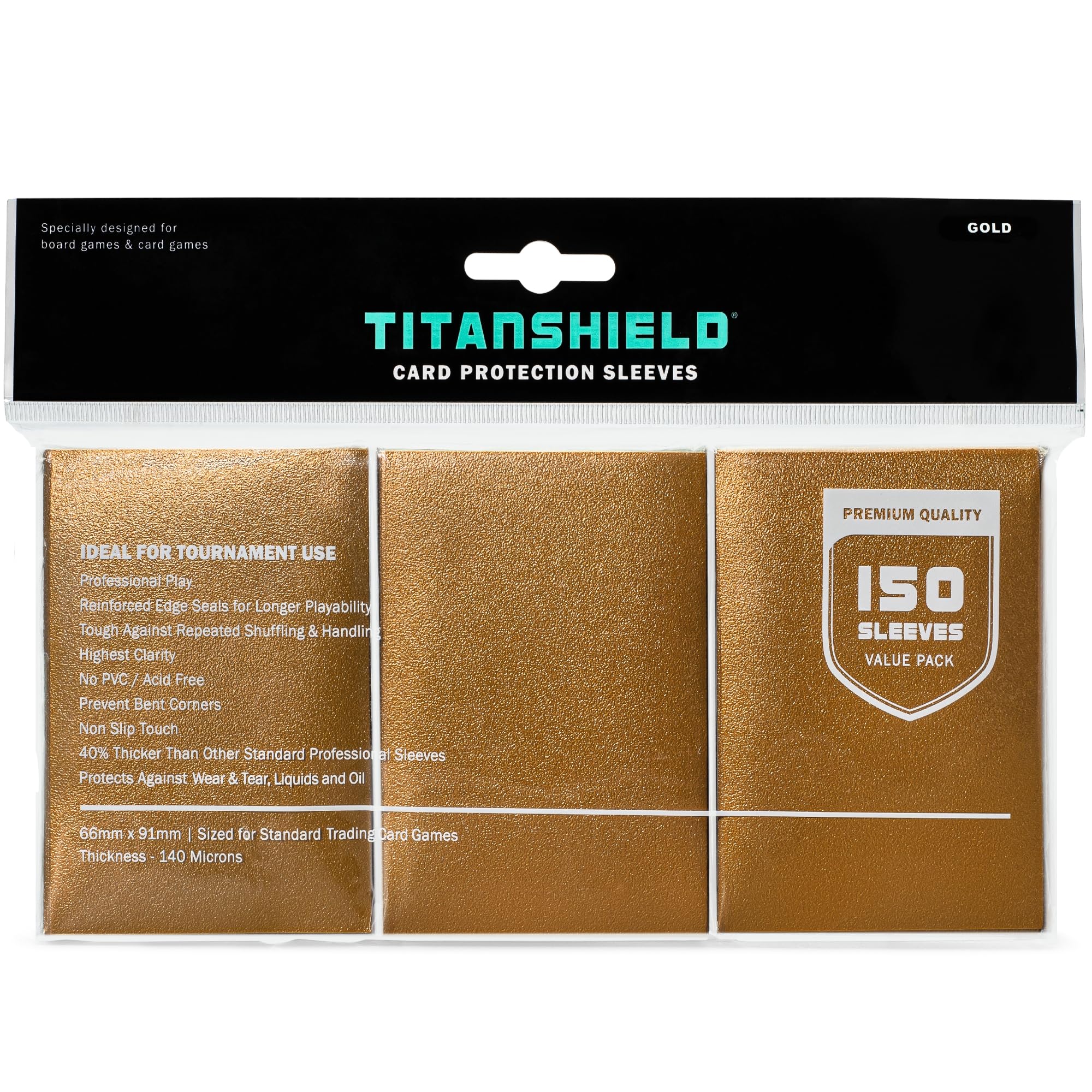 TitanShield premium sleeves with glossy front and matte back for smooth, anti-slip shuffling.