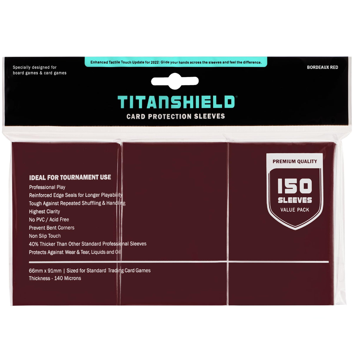 TitanShield premium sleeves, front glossy for sharp card visibility and smooth shuffling.