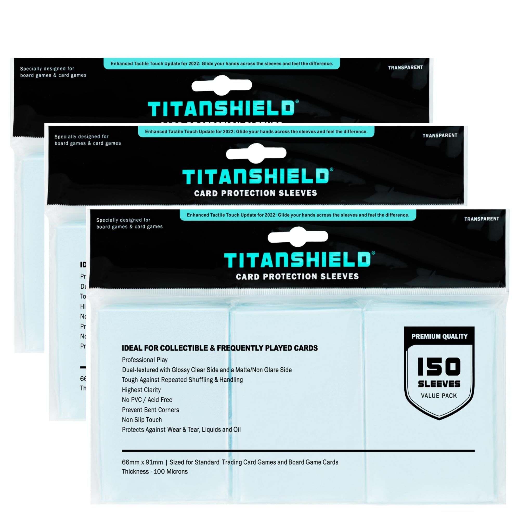 TitanShield Premium Sleeves glossy-front matte-back for clear view and smooth handling.