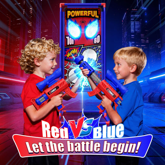 Tiyvnsi dual blaster launchers in bold red and blue for competitive play.
