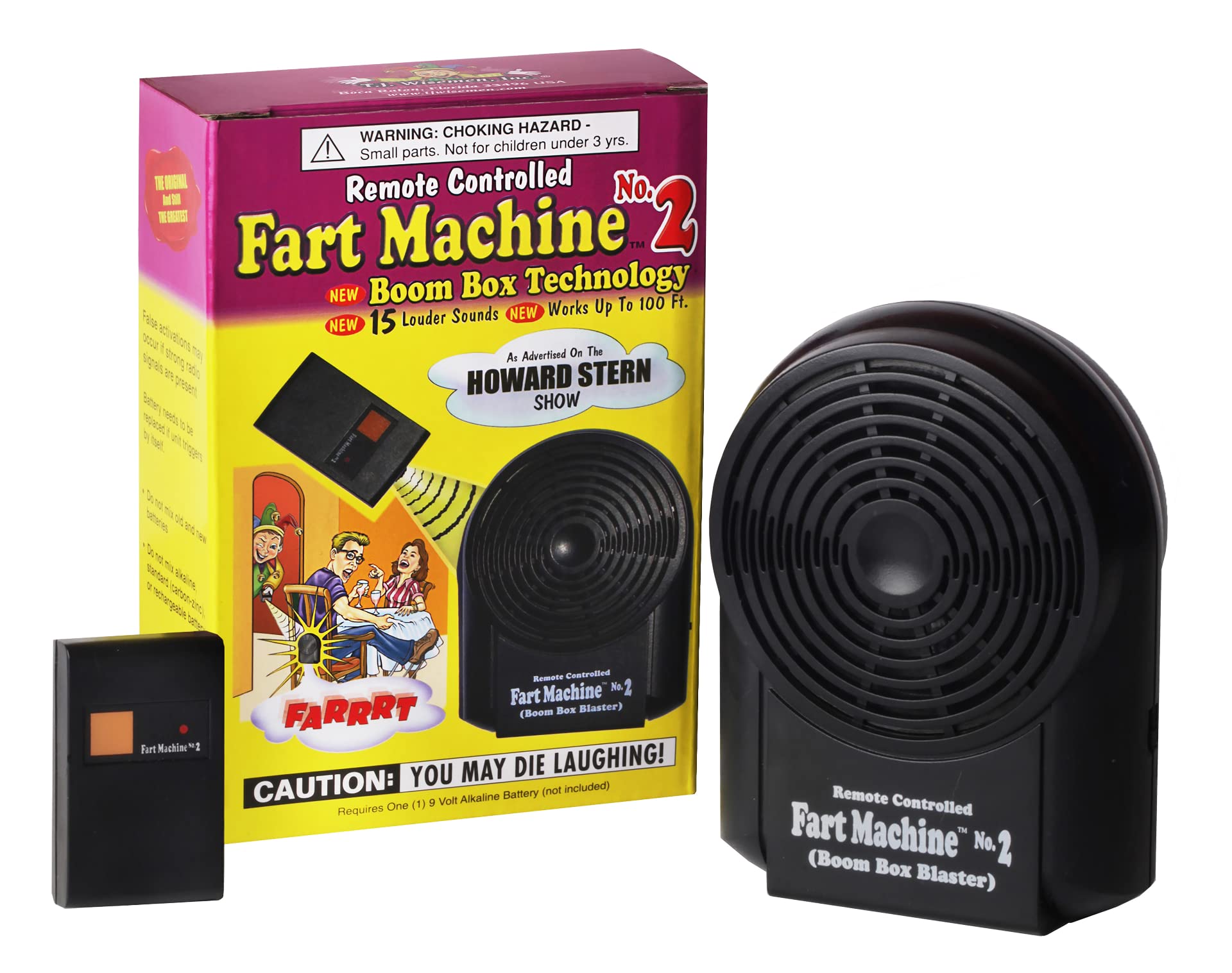 T.J. Wisemen Fart Machine 2 with Boom Box Technology delivers loud, lifelike prank sounds.