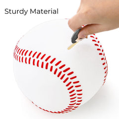 Tlence baseball piggy bank doubles as playful decor on shelves.